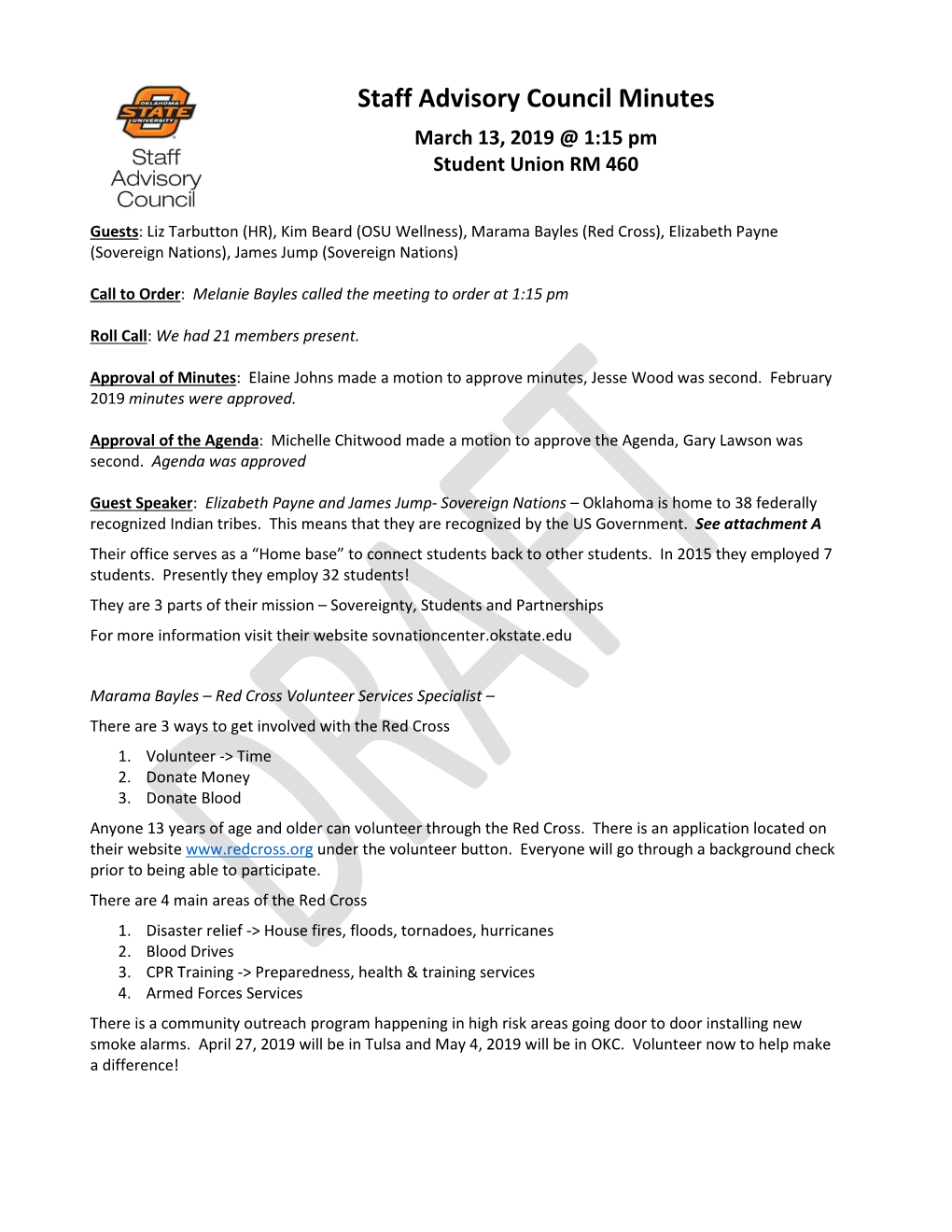 Staff Advisory Council Minutes March 13, 2019 @ 1:15 Pm Student Union RM 460