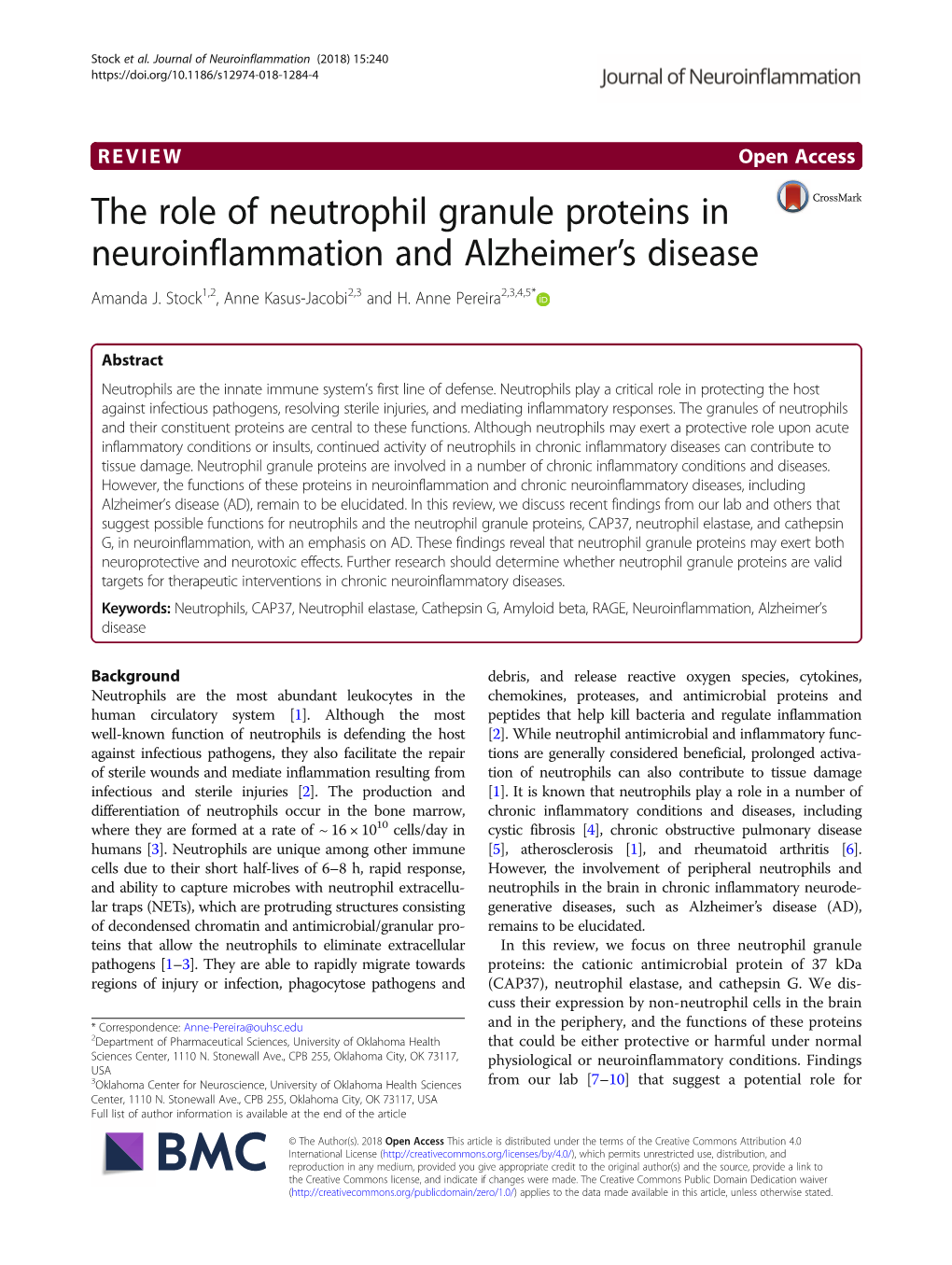 The Role of Neutrophil Granule Proteins in Neuroinflammation and Alzheimer’S Disease Amanda J