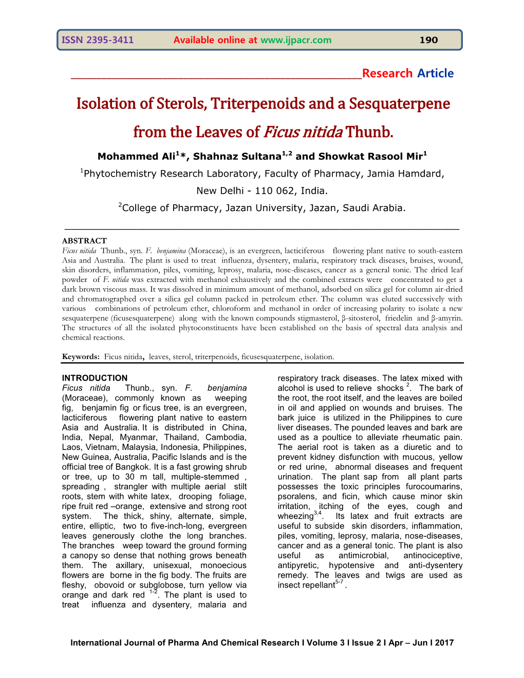 Isolation of Sterols, Triterpenoids and a Sesquaterpene from the Leaves of Ficus Nitida Thunb