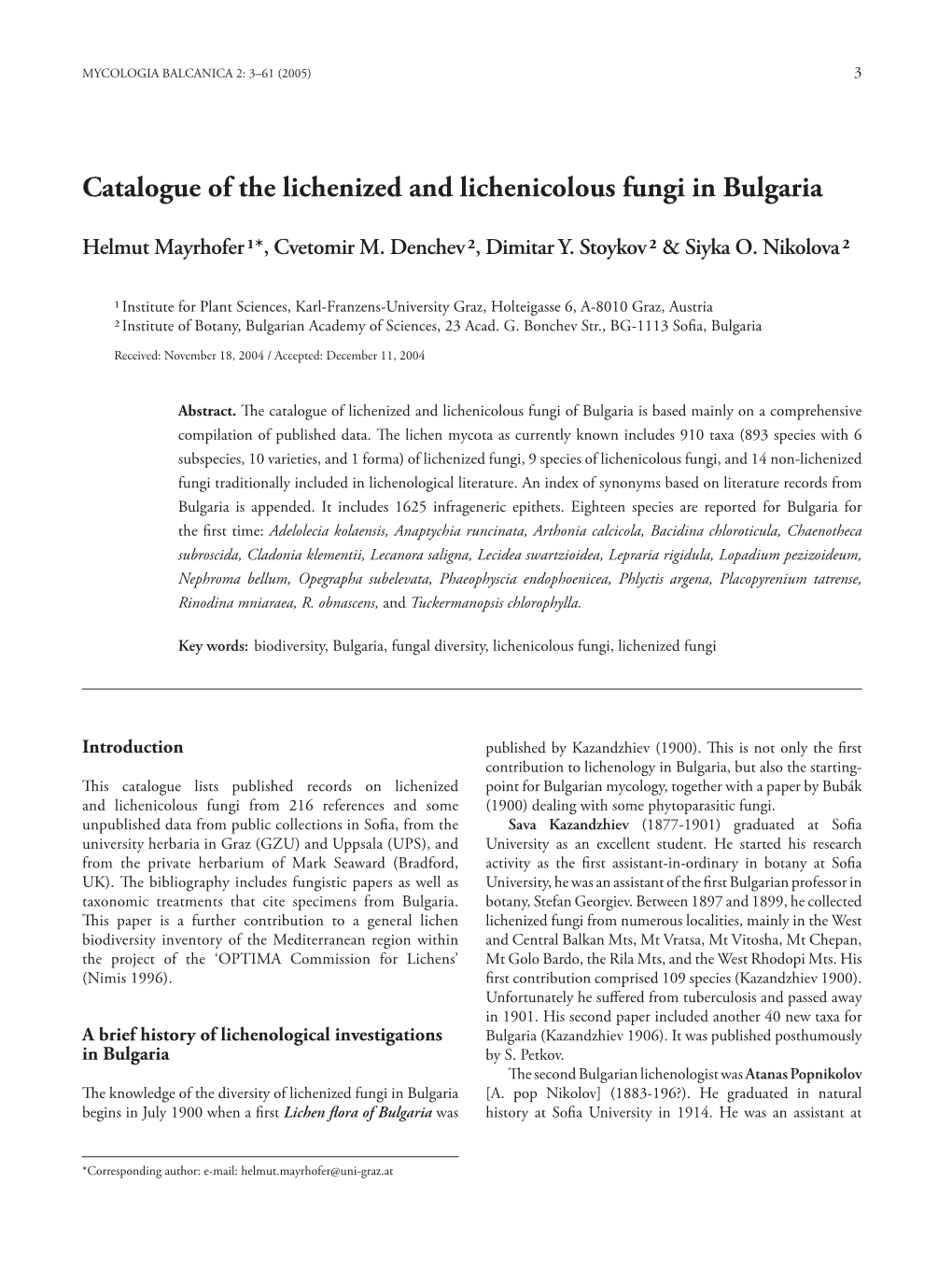 Catalogue of the Lichenized and Lichenicolous Fungi in Bulgaria