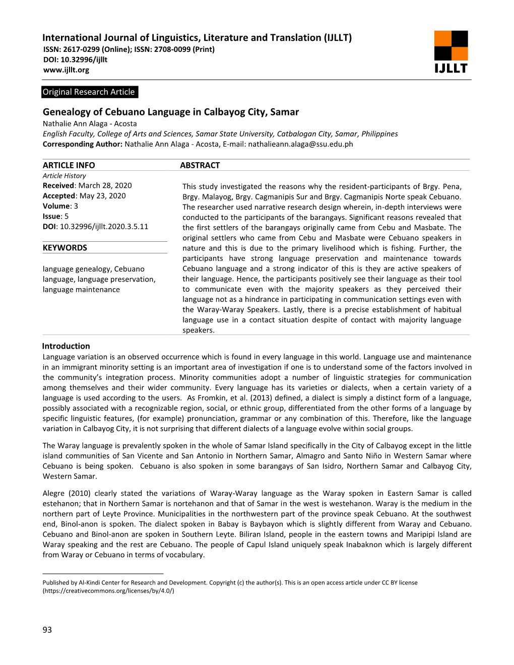 Genealogy of Cebuano Language in Calbayog City, Samar