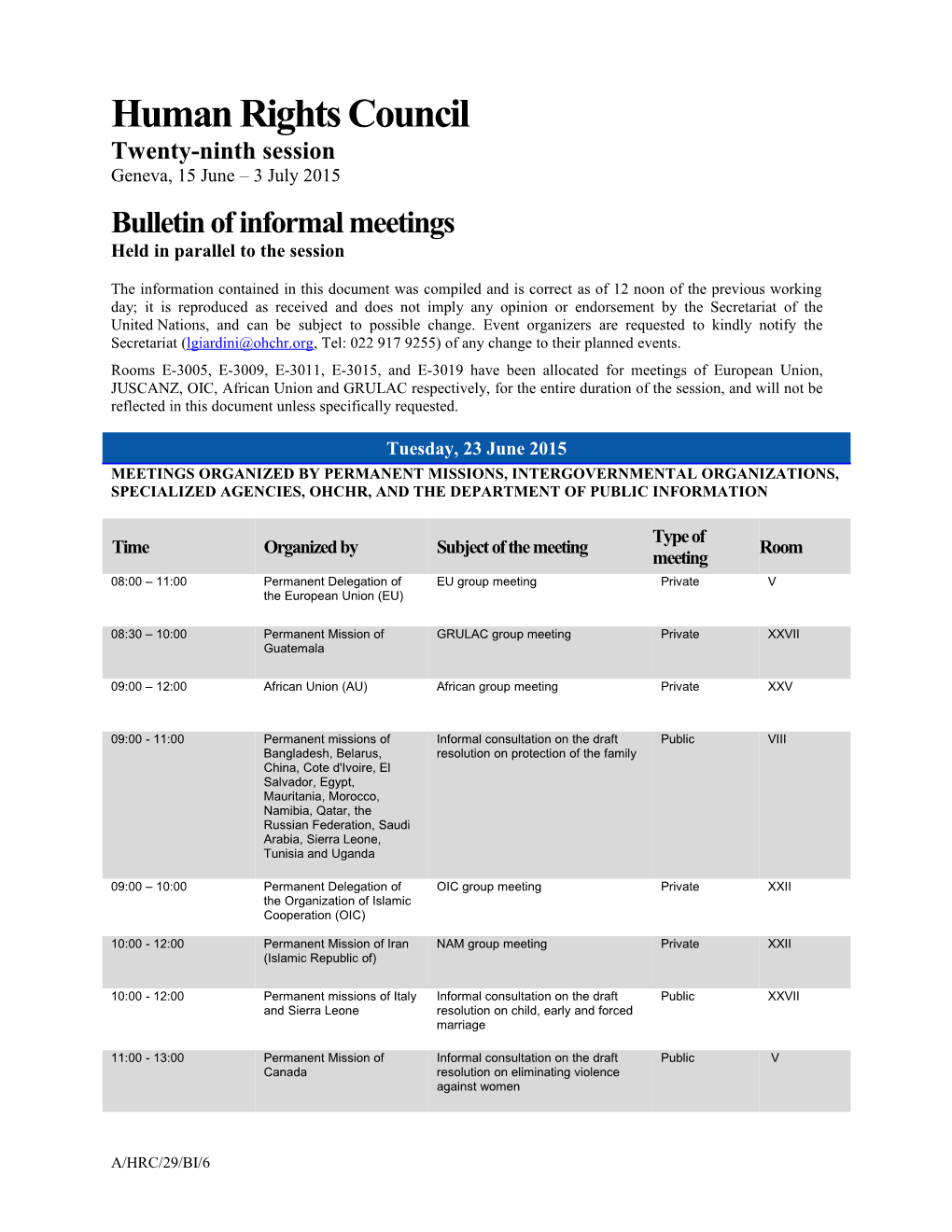 Bulletin of Informal Meetings, Tuesday 23 June 2015