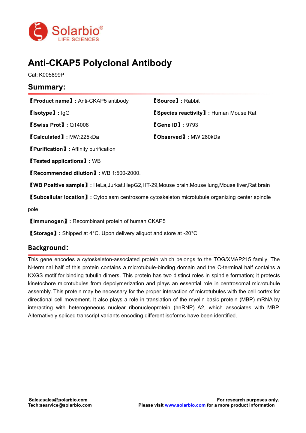 Anti-CKAP5 Polyclonal Antibody Cat: K005899P Summary