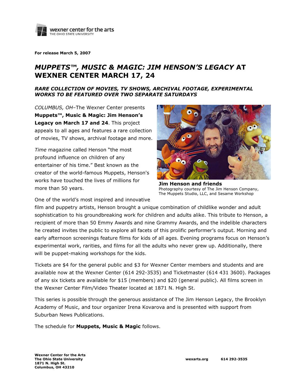 Muppets™, Music & Magic: Jim Henson's Legacy at Wexner Center March 17, 24