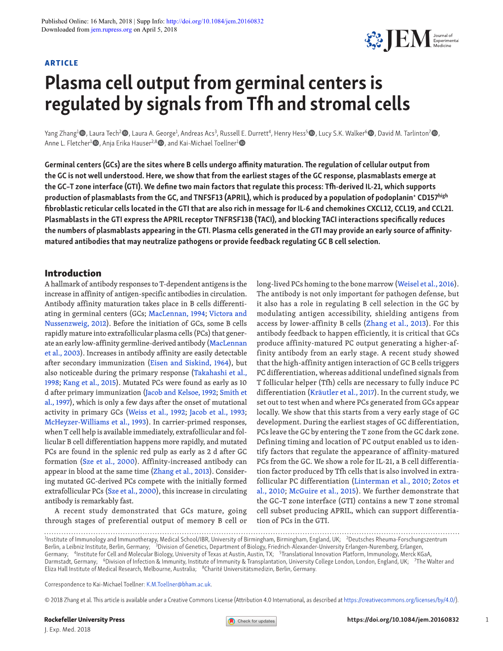 Plasma Cell Output from Germinal Centers Is Regulated by Signals from Tfh and Stromal Cells