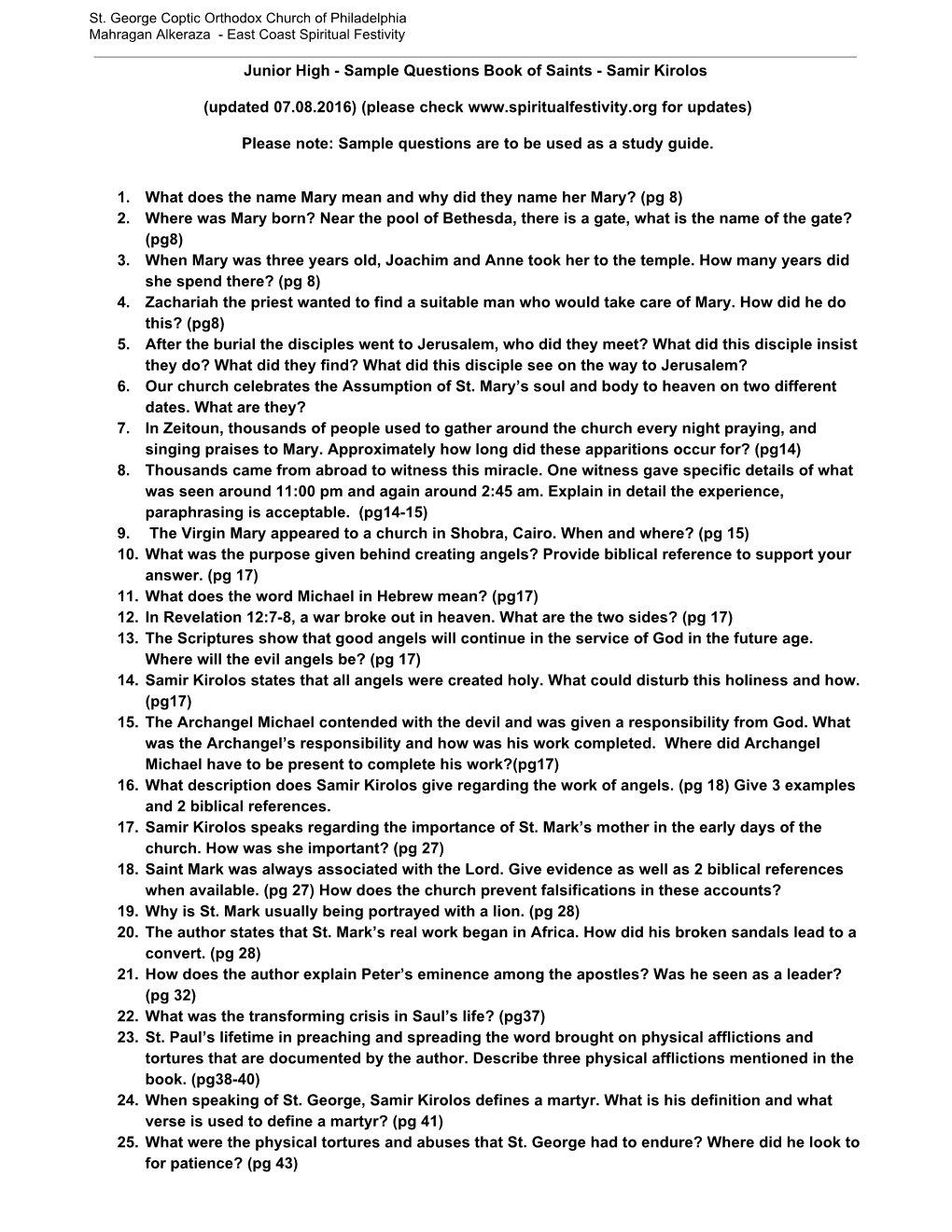 Junior High Sample Questions Book of Saints Samir Kirolos (Updated