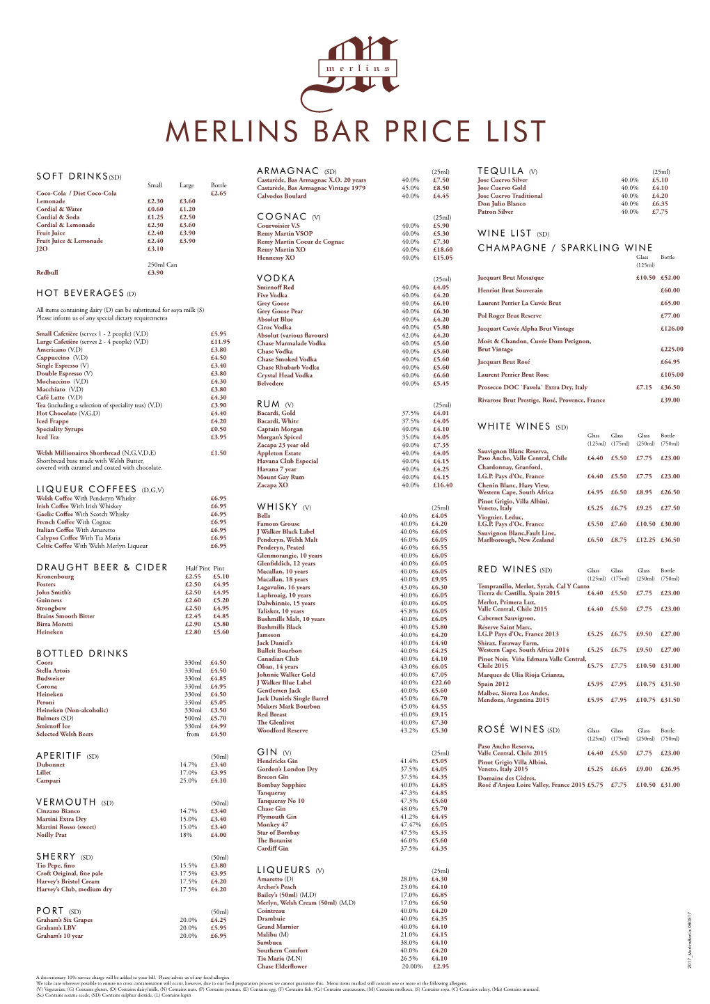 Merlins Bar Price List