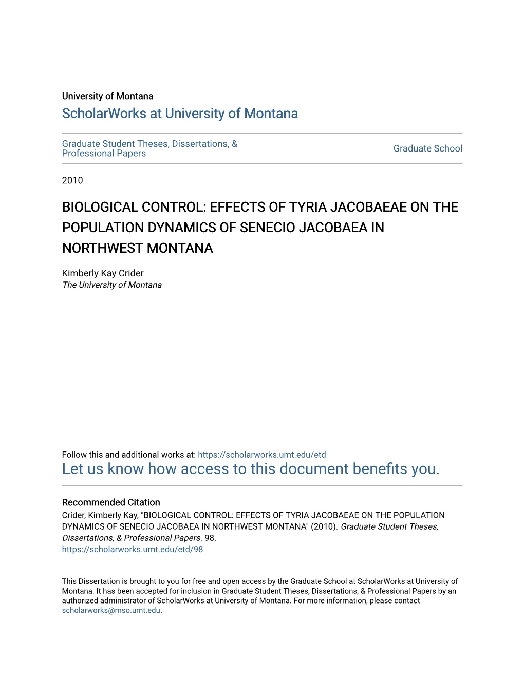 Effects of Tyria Jacobaeae on the Population Dynamics of Senecio Jacobaea in Northwest Montana