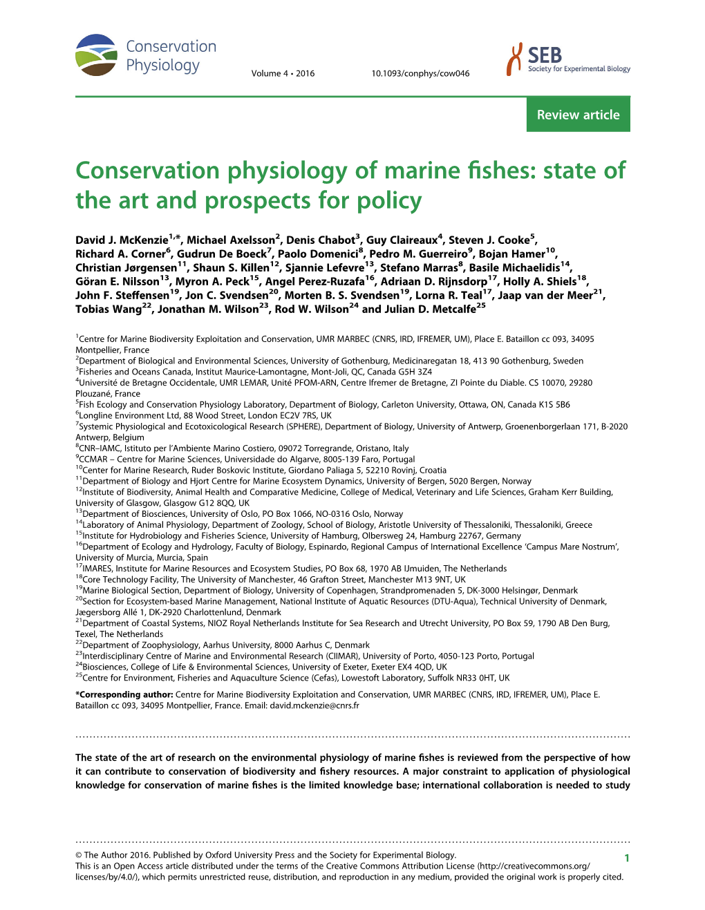 Conservation Physiology of Marine Fishes