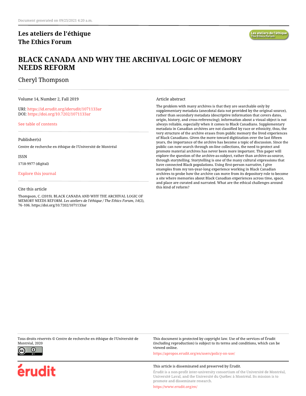 BLACK CANADA and WHY the ARCHIVAL LOGIC of MEMORY NEEDS REFORM Cheryl Thompson