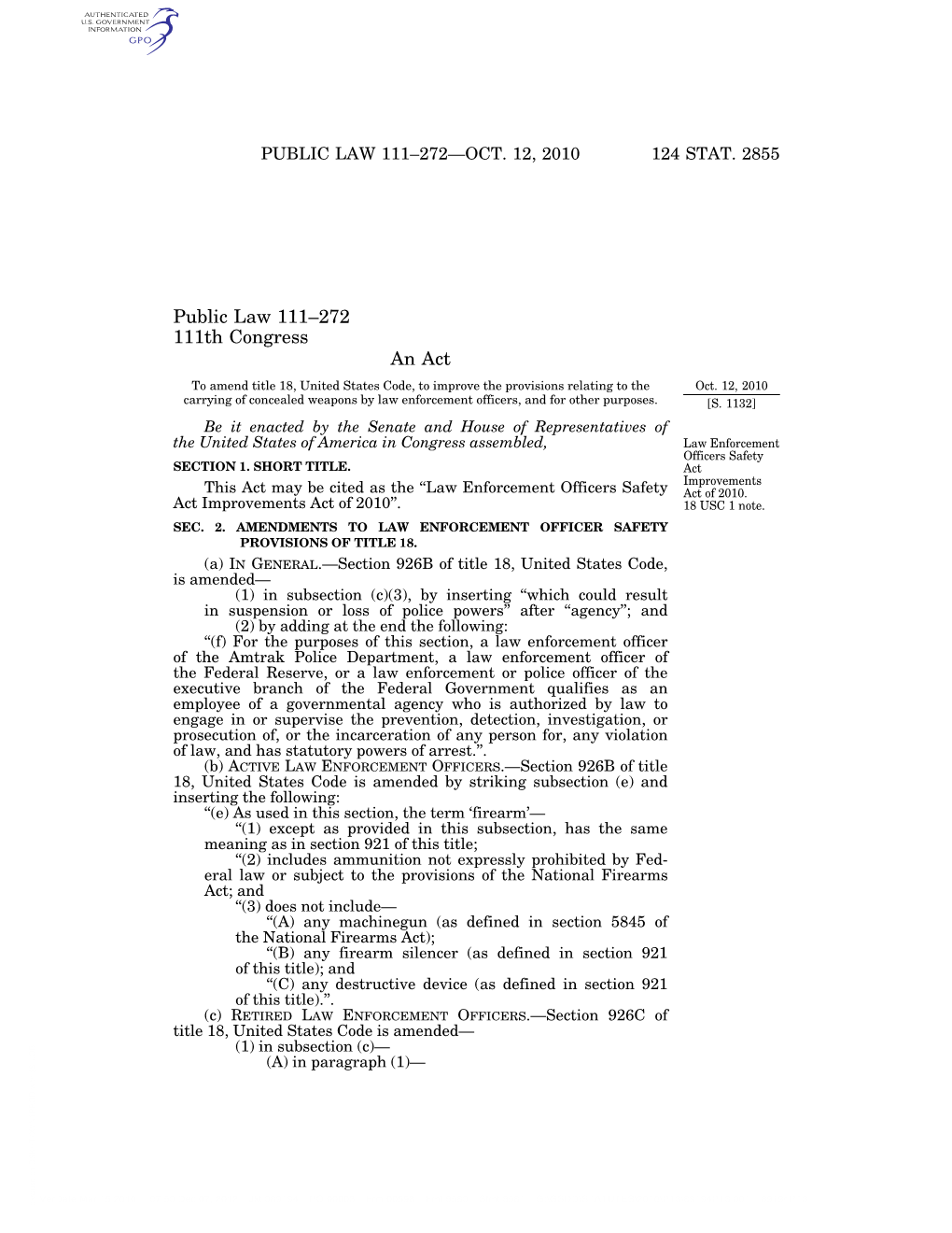 Public Law 111–272 111Th Congress an Act to Amend Title 18, United States Code, to Improve the Provisions Relating to the Oct