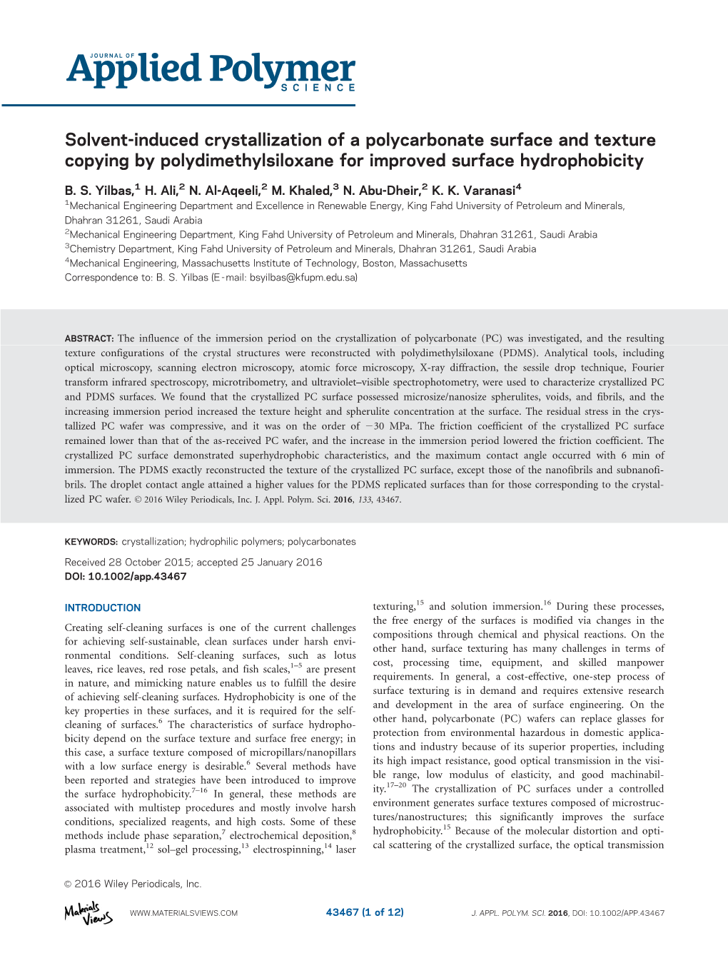 Induced Crystallization of a Polycarbonate Surface and Texture Copying by Polydimethylsiloxane for Improved Surface Hydrophobicity