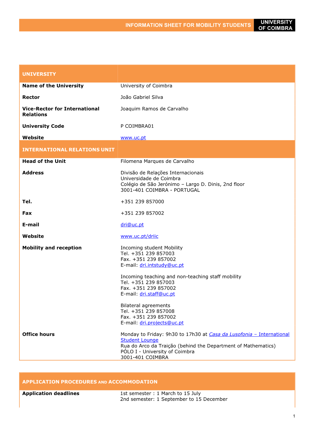 Information Sheet for Mobility Students University of Coimbra