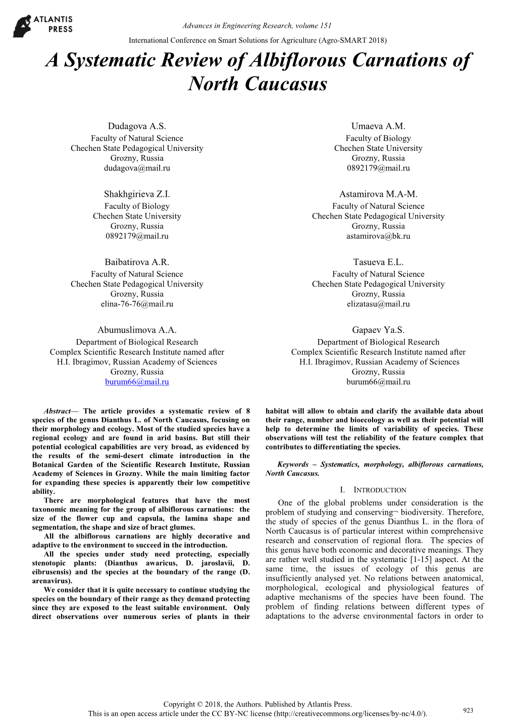 A Systematic Review of Albiflorous Carnations of North Caucasus