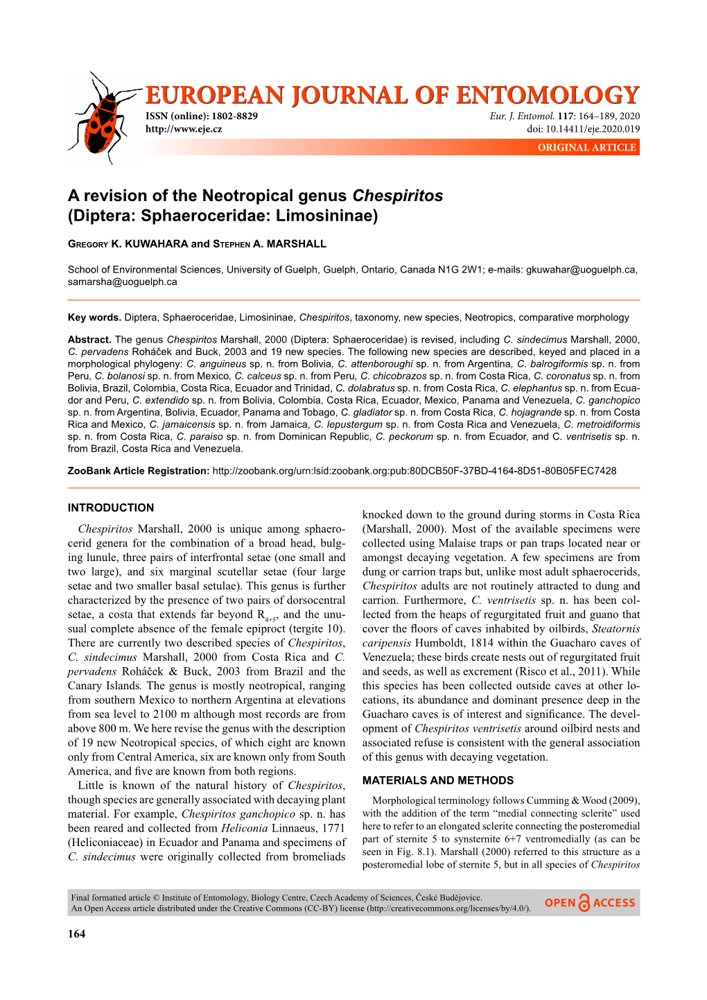 A Revision of the Neotropical Genus Chespiritos (Diptera: Sphaeroceridae: Limosininae)