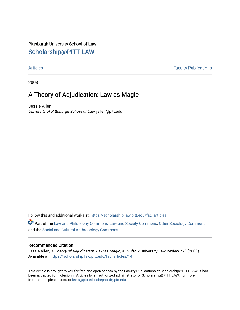 A Theory of Adjudication: Law As Magic