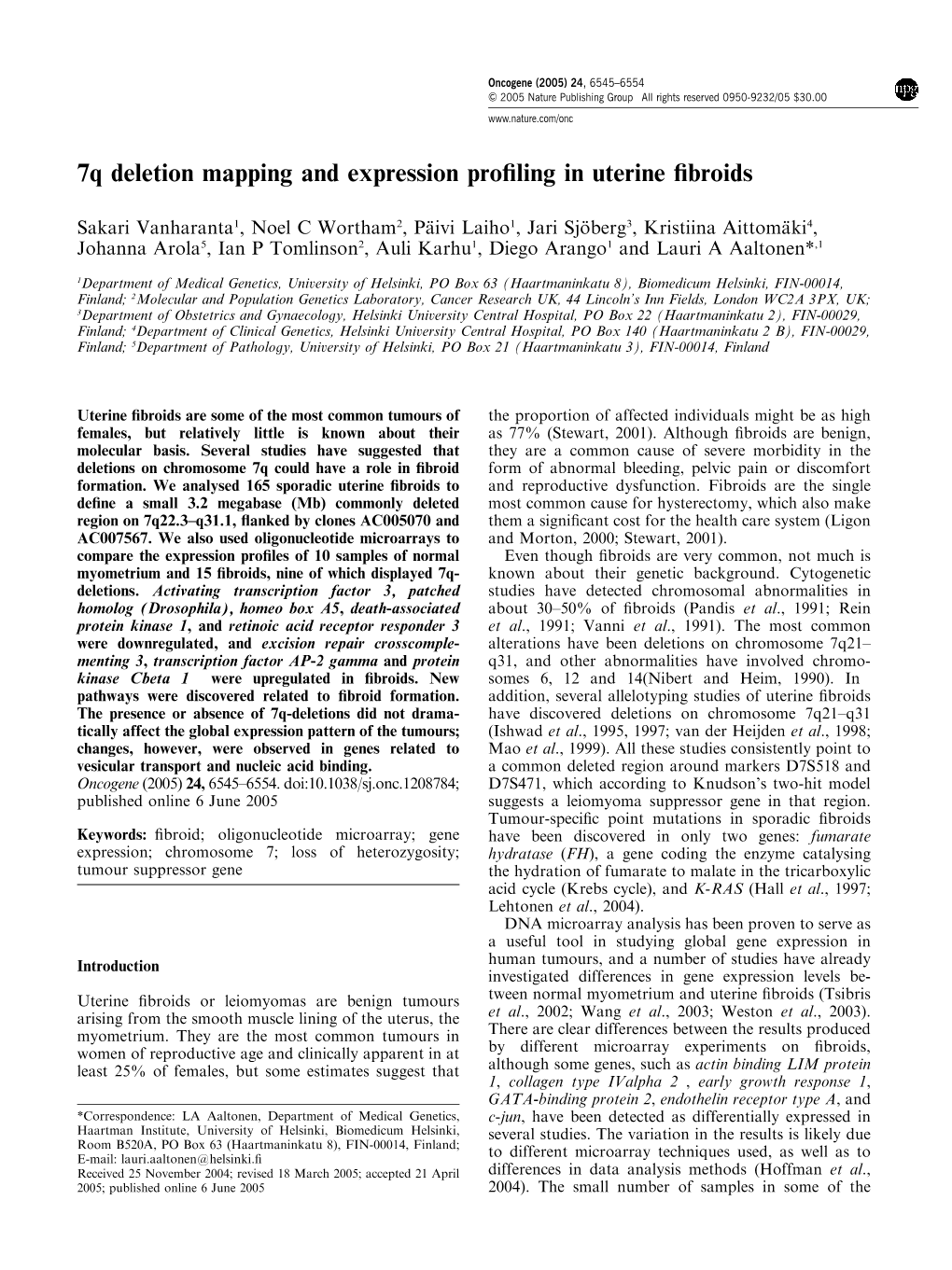 7Q Deletion Mapping and Expression Profiling in Uterine Fibroids