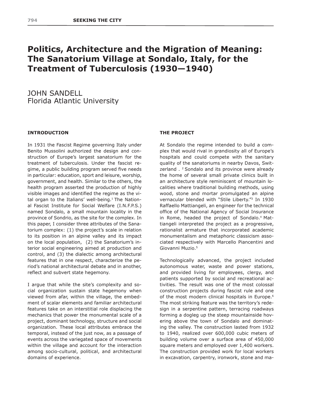 Politics, Architecture and the Migration of Meaning: the Sanatorium Village at Sondalo, Italy, for the Treatment of Tuberculosis (1930—1940)