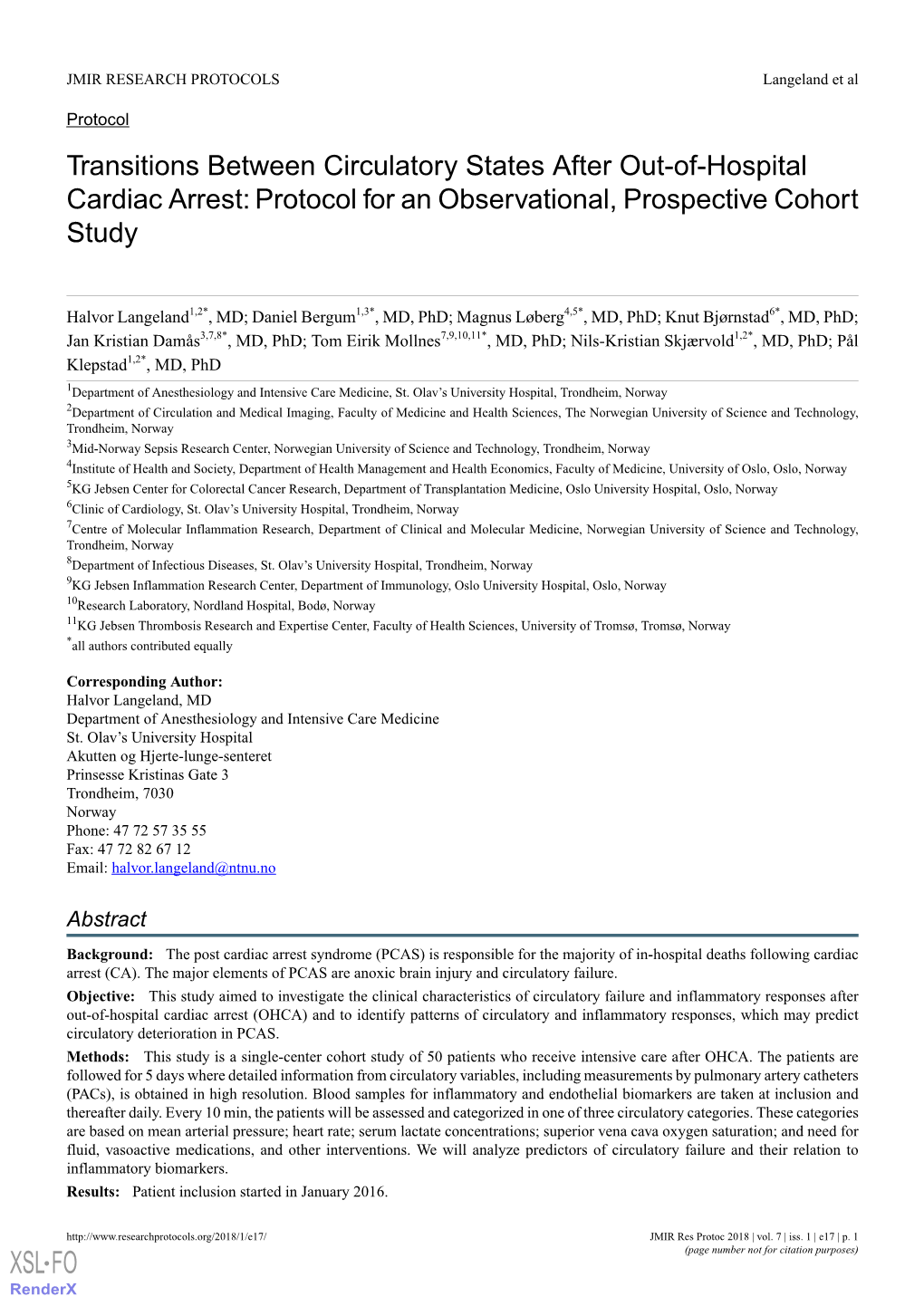 Transitions Between Circulatory States After Out-Of-Hospital Cardiac Arrest: Protocol for an Observational, Prospective Cohort Study