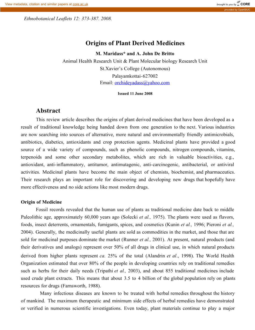 Origins of Plant Derived Medicines M