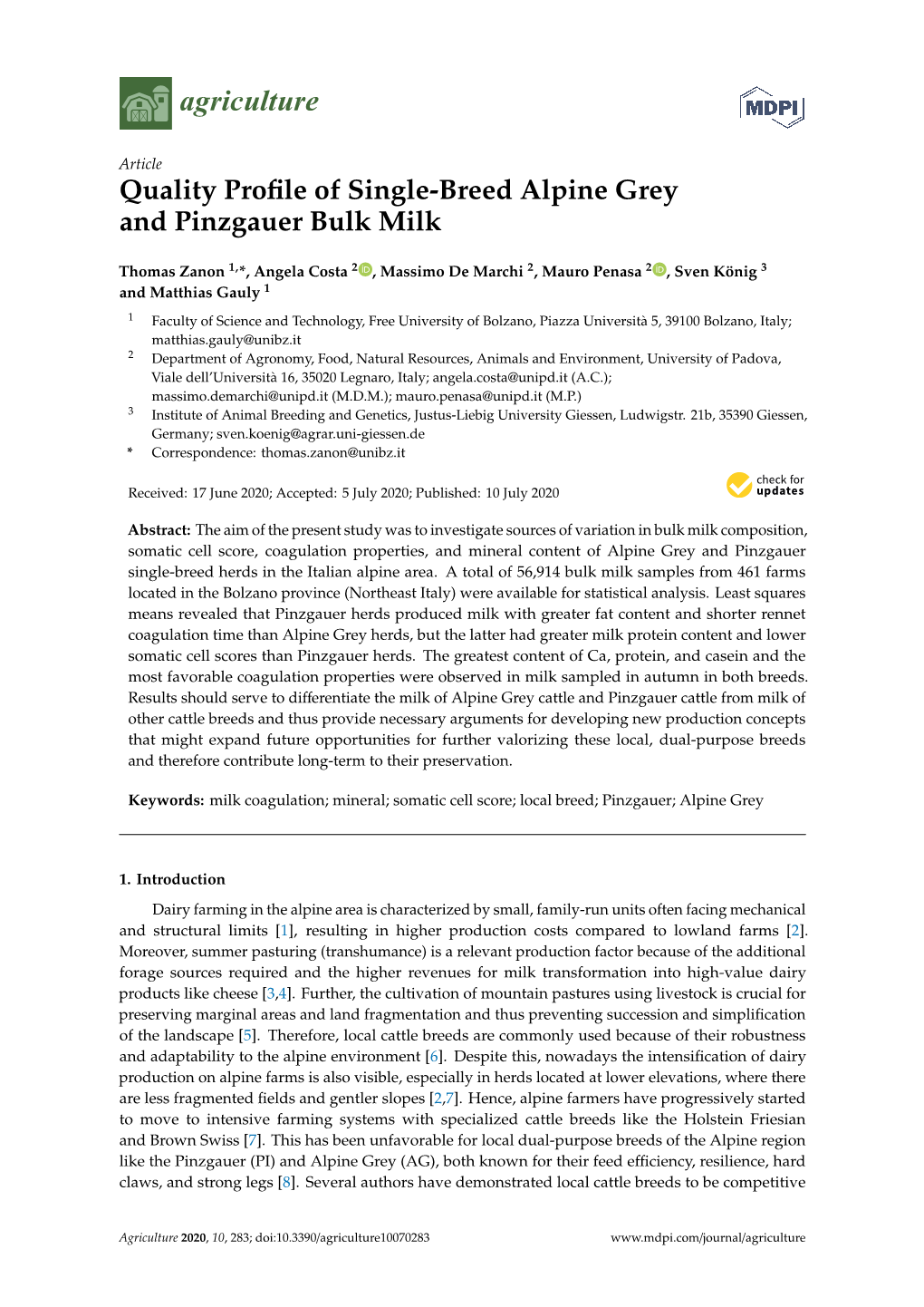 Quality Profile of Single-Breed Alpine Grey and Pinzgauer Bulk Milk