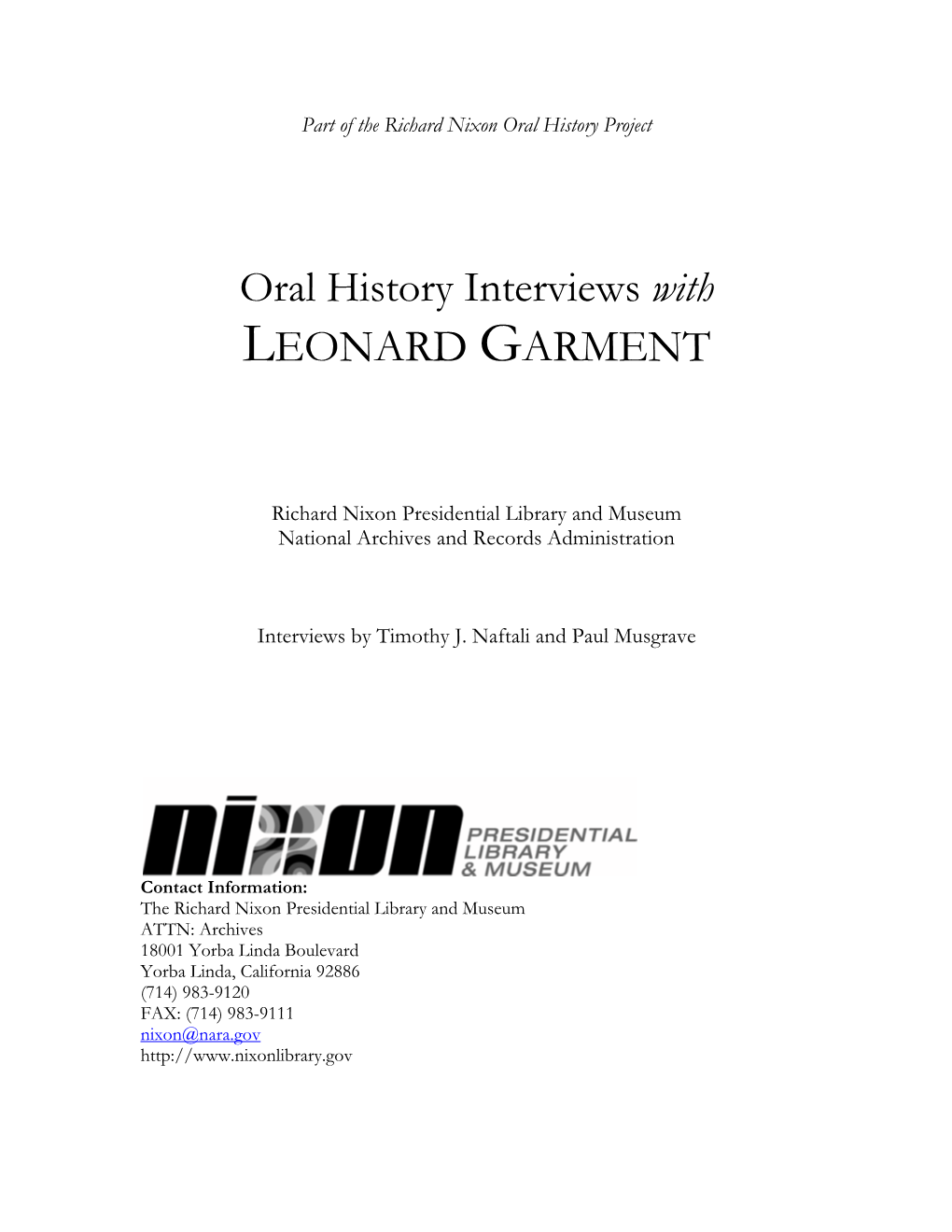 Leonard Garment Oral History Finding Aid Page 2 of 3