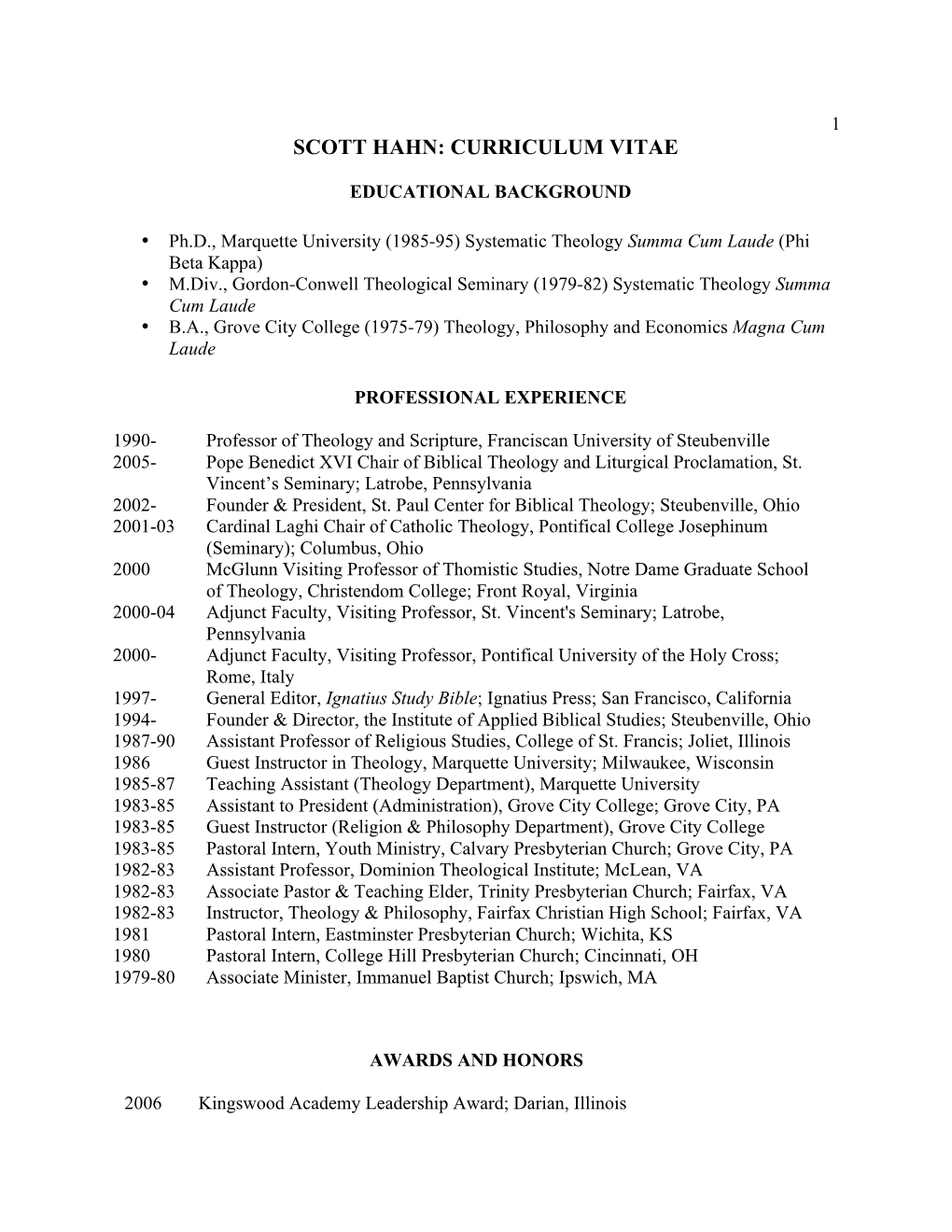 Scott Hahn: Curriculum Vitae