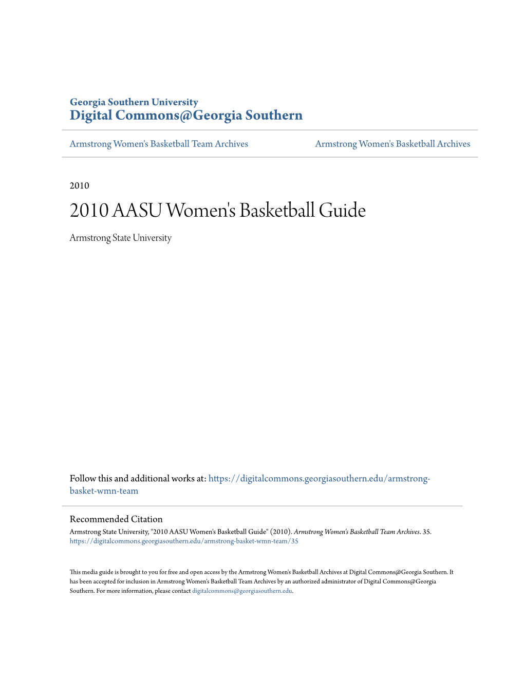 2010 AASU Women's Basketball Guide Armstrong State University