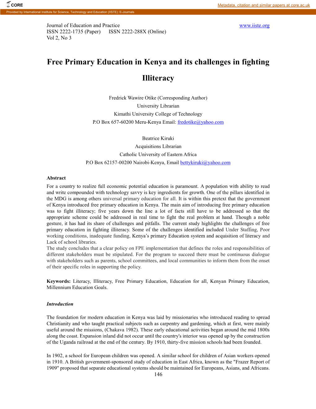 Free Primary Education in Kenya and Its Challenges in Fighting Illiteracy