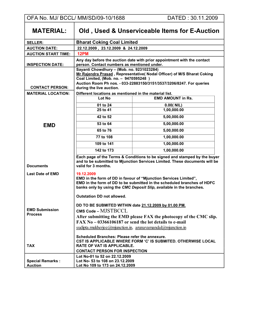 MATERIAL: Old , Used & Unserviceable Items for E-Auction