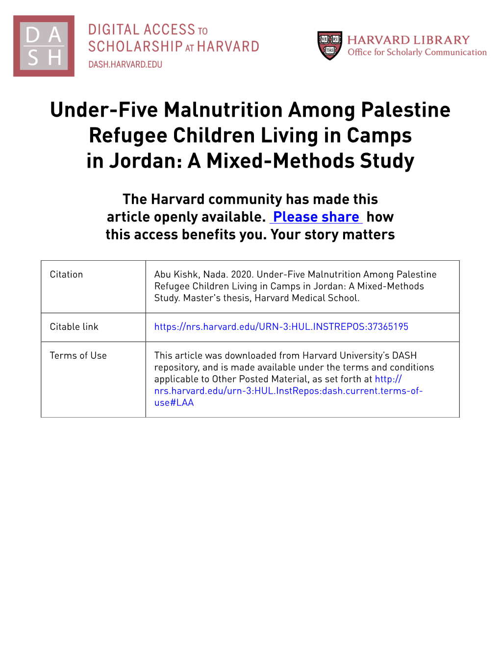 Under-Five Malnutrition Among Palestine Refugee Children Living in Camps in Jordan: a Mixed-Methods Study