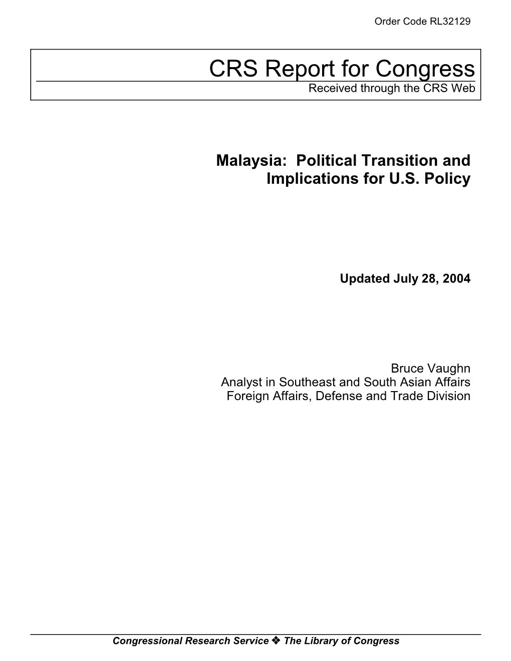 Malaysia: Political Transition and Implications for U.S