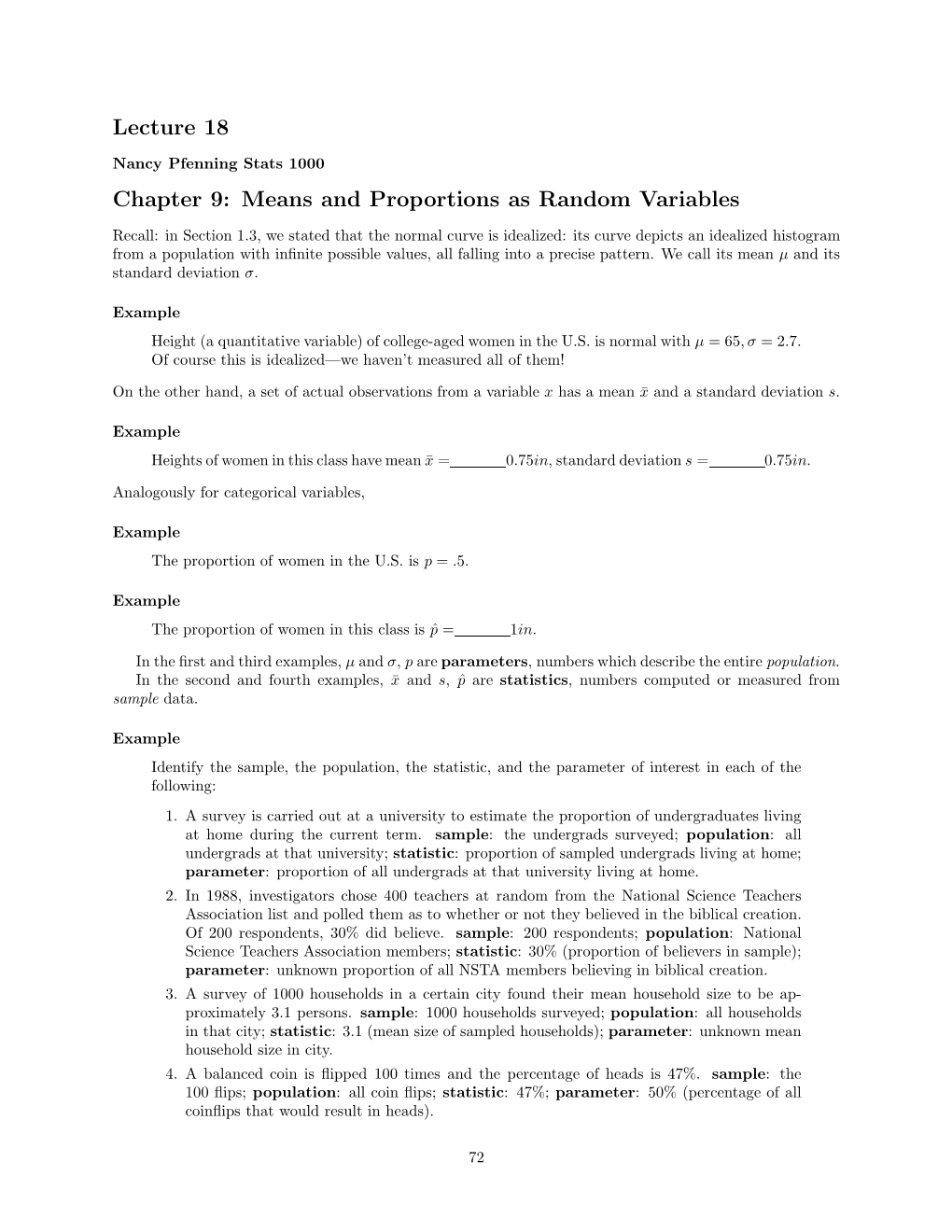 Lecture 18 Chapter 9: Means and Proportions As Random Variables