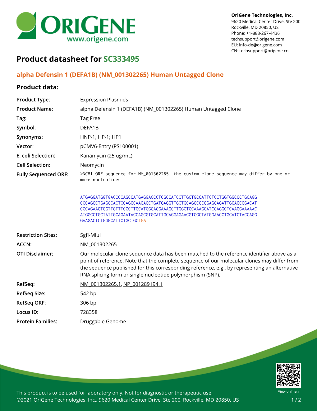 Alpha Defensin 1 (DEFA1B) (NM 001302265) Human Untagged Clone Product Data