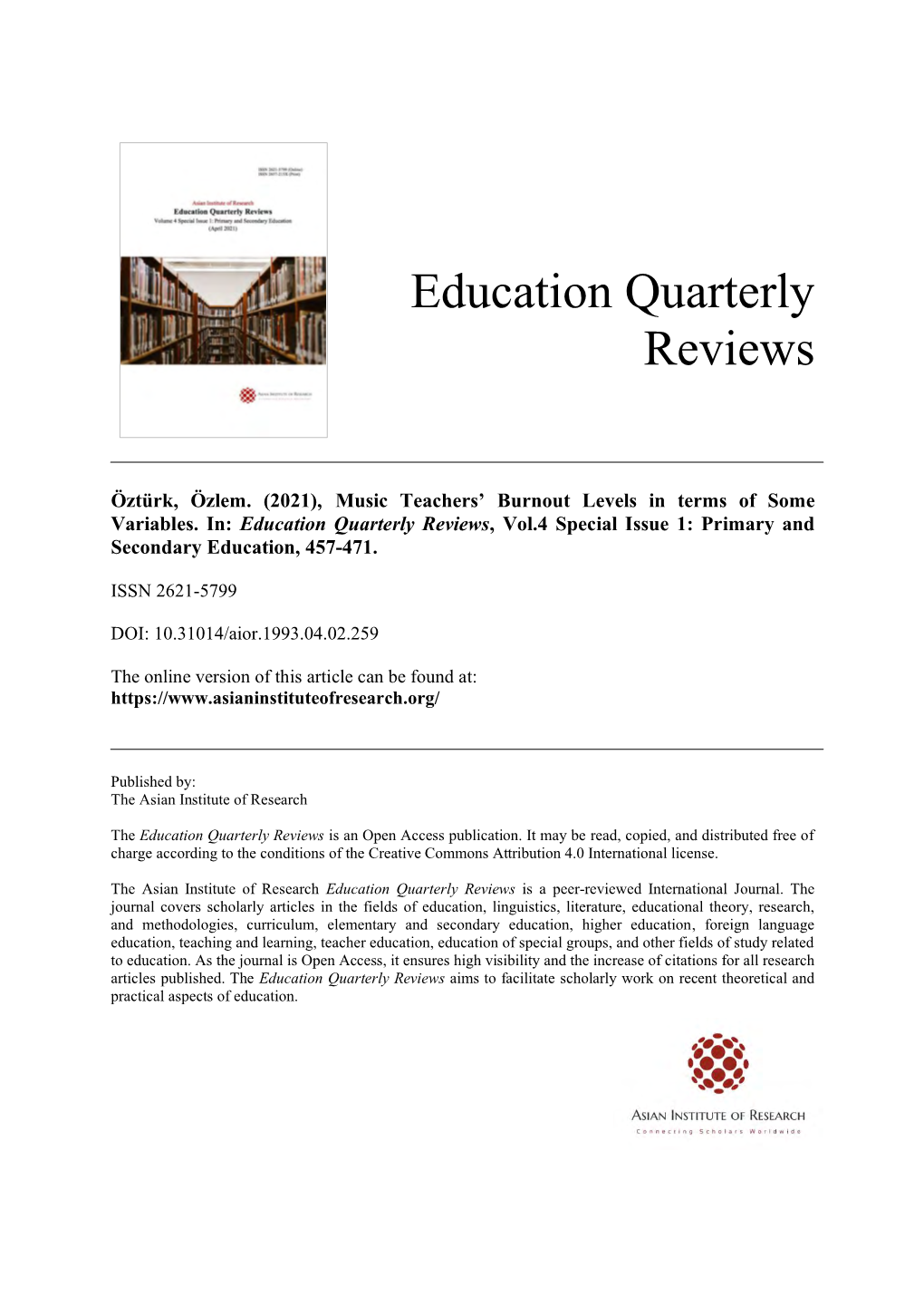 Education Quarterly Reviews