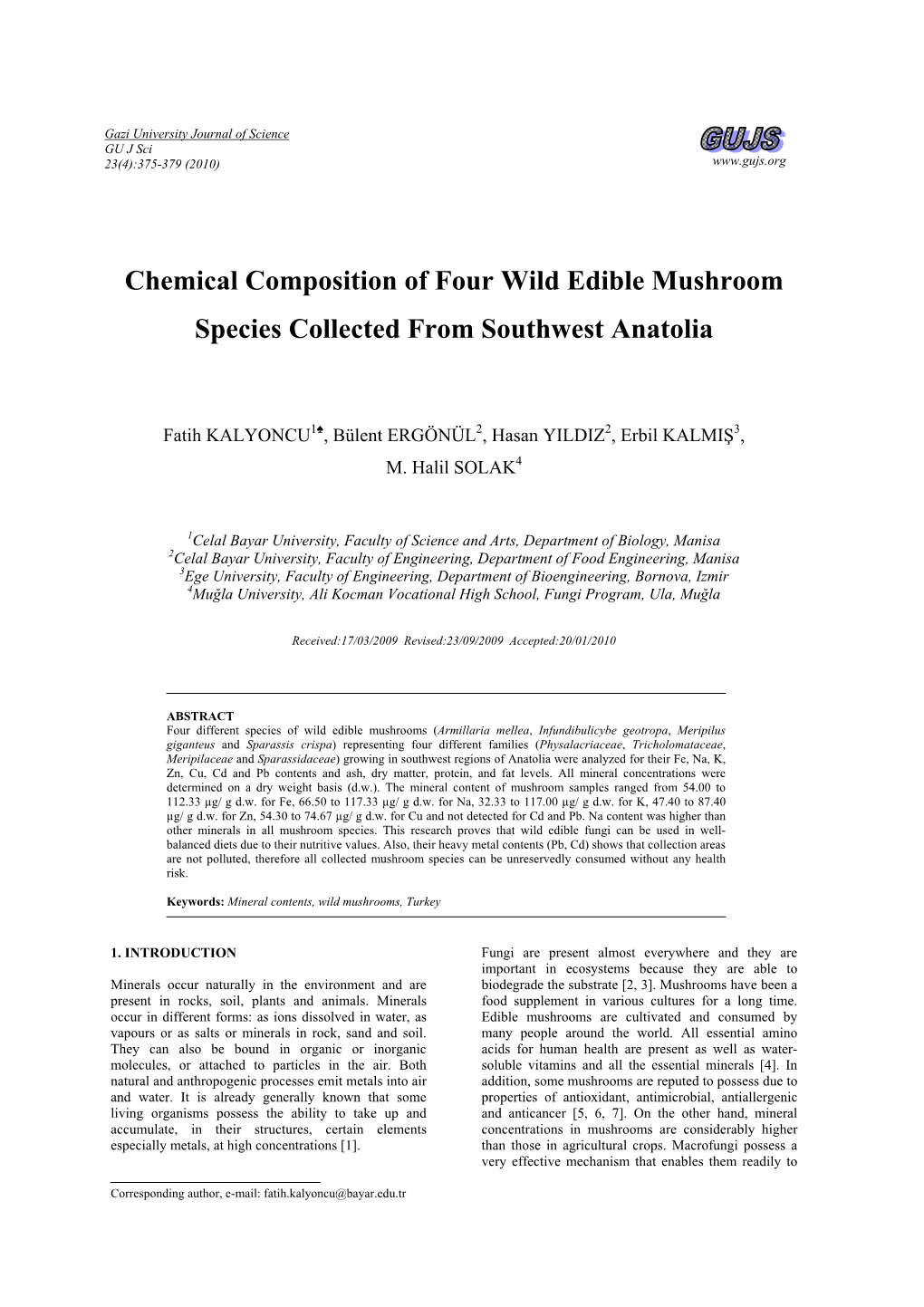 Chemical Composition of Four Wild Edible Mushroom Species Collected from Southwest Anatolia