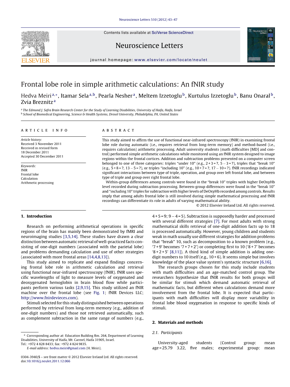 Frontal Lobe Role in Simple Arithmetic Calculations: an Fnir Study