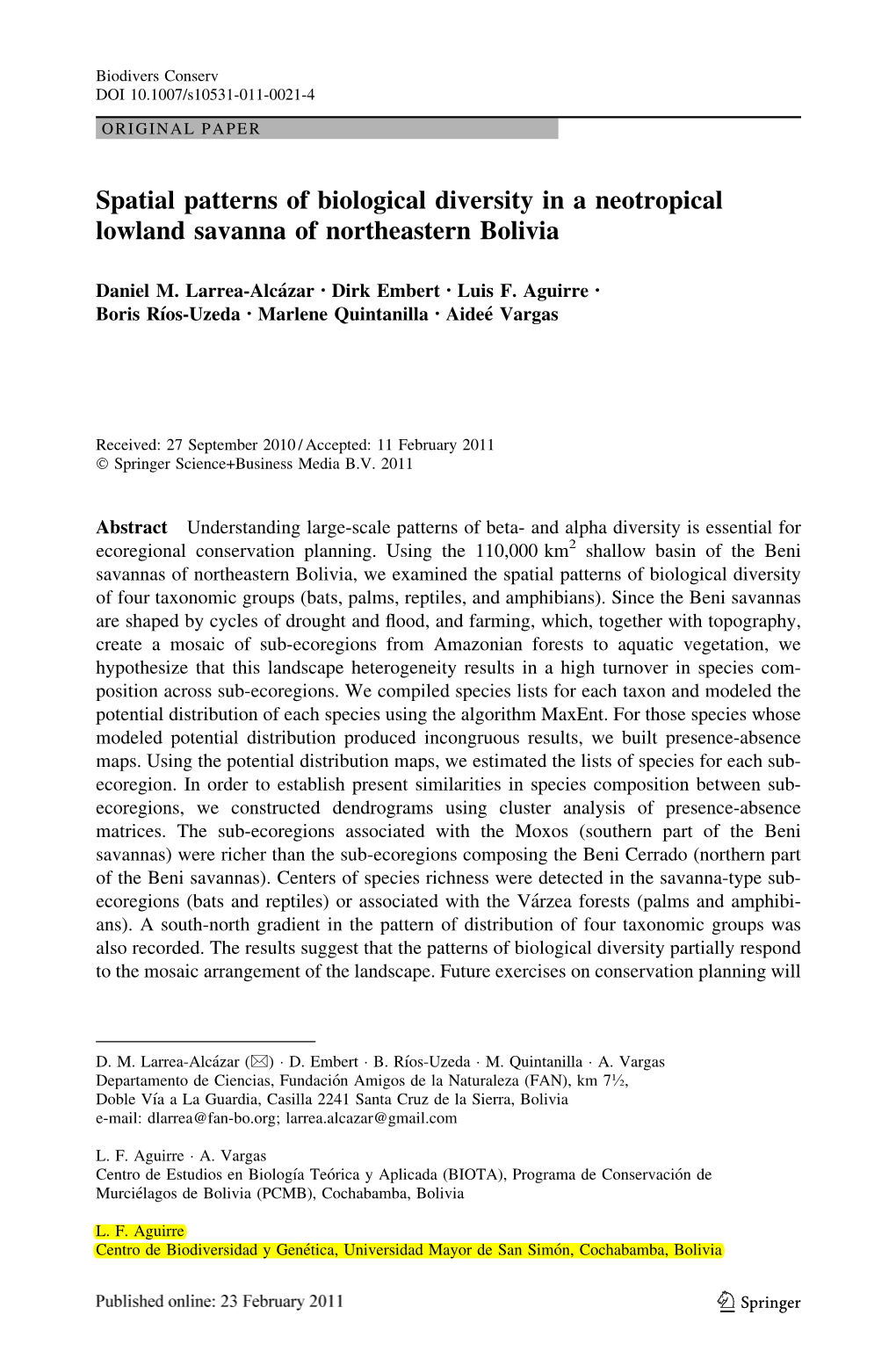 Spatial Patterns of Biological Diversity in a Neotropical Lowland Savanna of Northeastern Bolivia