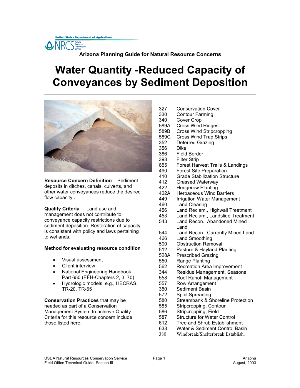 Water Quantity -Reduced Capacity of Conveyances by Sediment Deposition