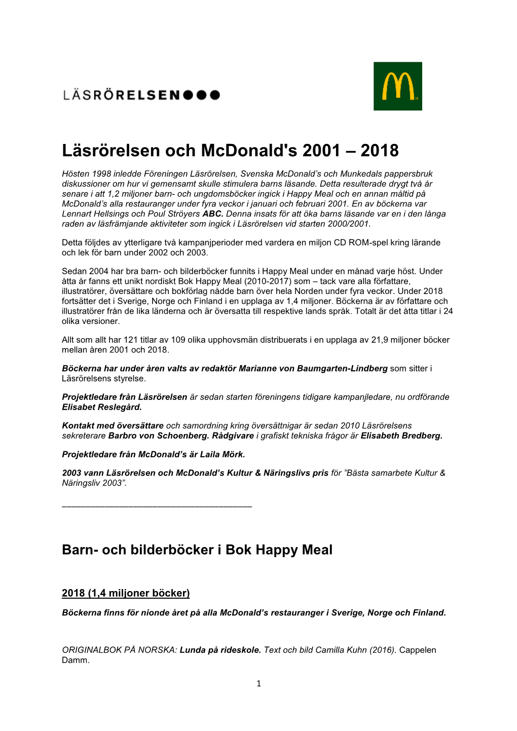 Läsrörelsen Och Mcdonald's 2001 – 2018