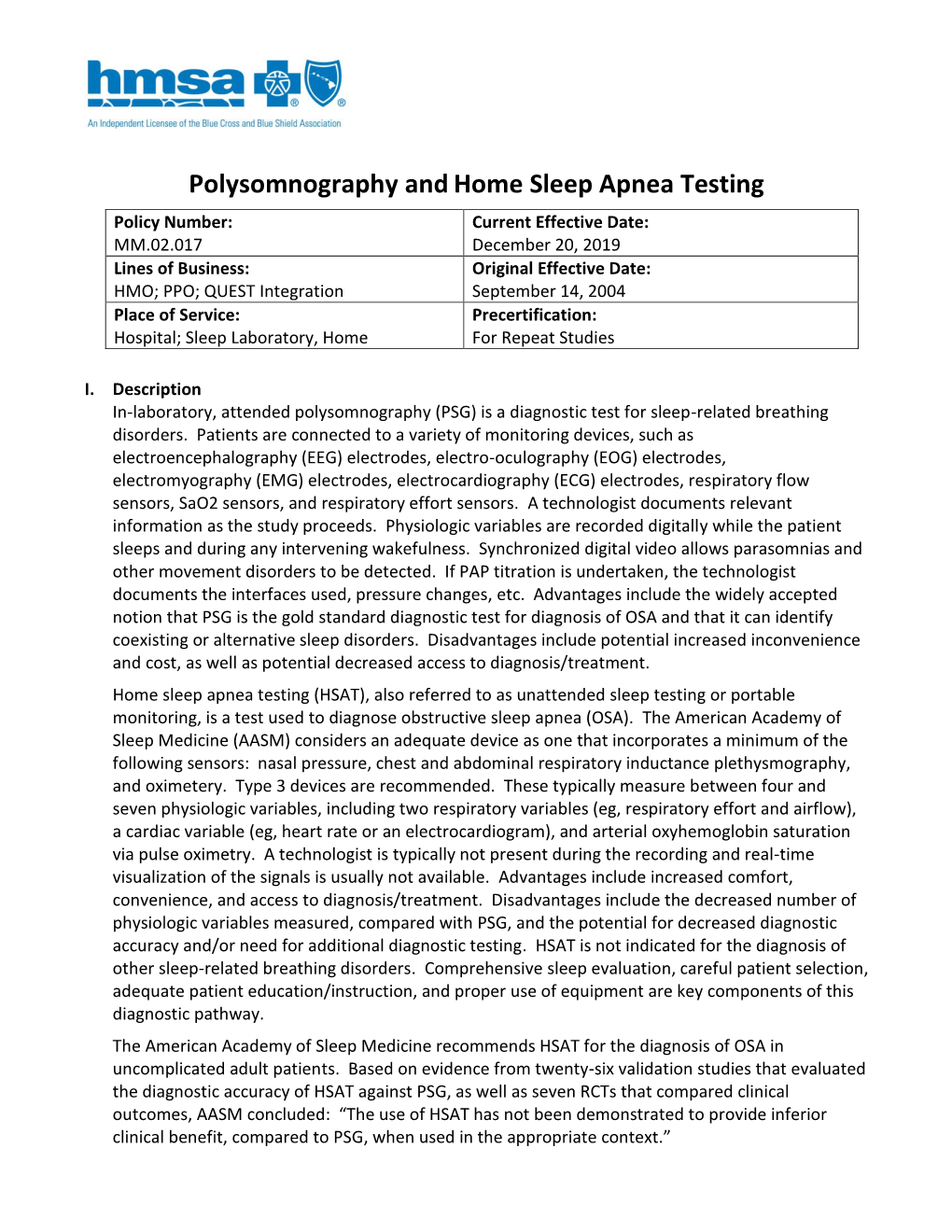 Polysomnography and Home Sleep Apnea Testing 12/20/19