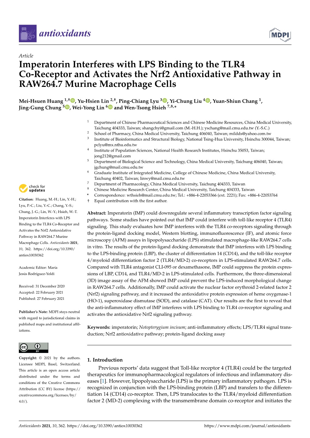 Imperatorin Interferes with LPS Binding to the TLR4 Co-Receptor and Activates the Nrf2 Antioxidative Pathway in RAW264.7 Murine Macrophage Cells