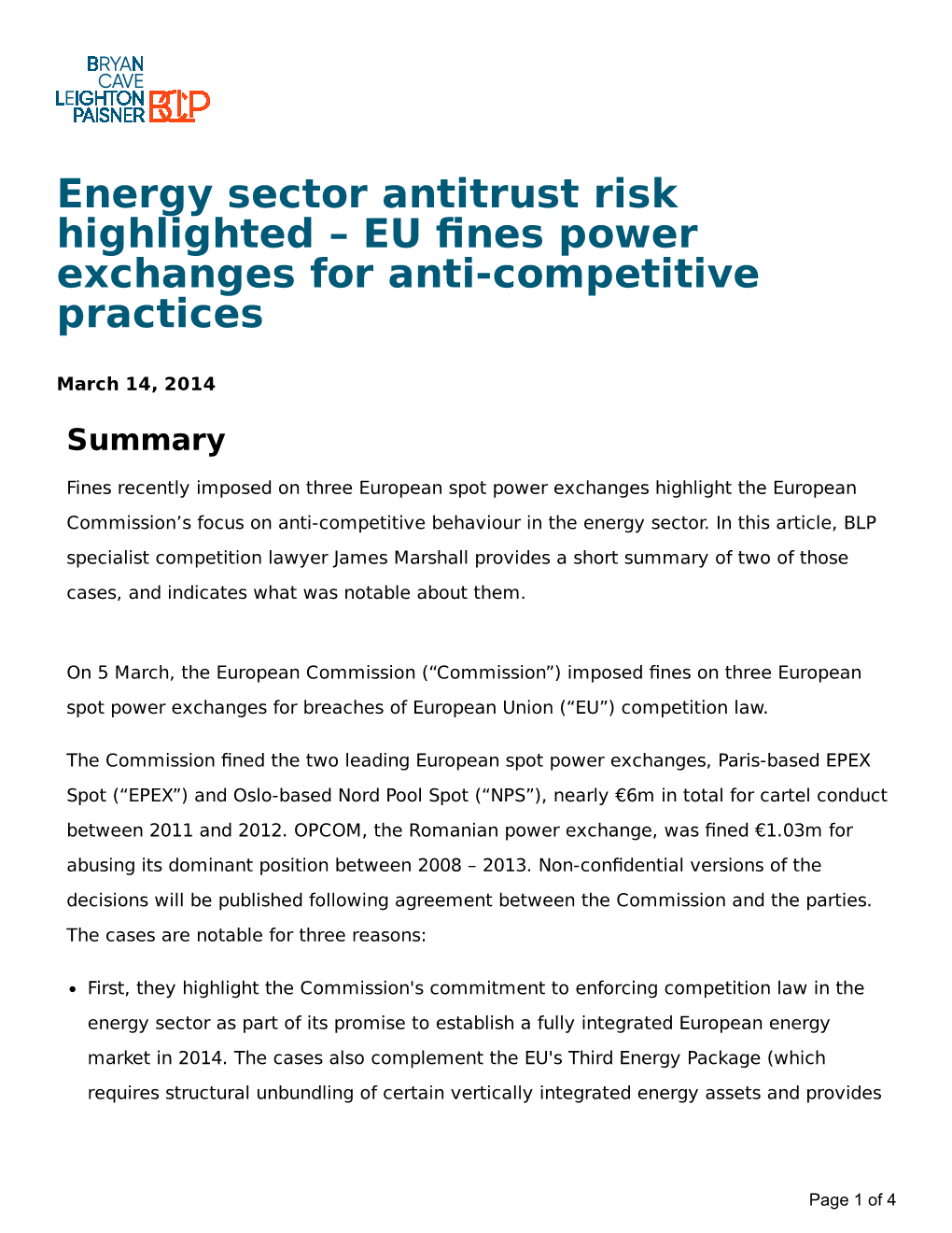 Energy Sector Antitrust Risk Highlighted – EU Fines Power Exchanges for Anti-Competitive Practices