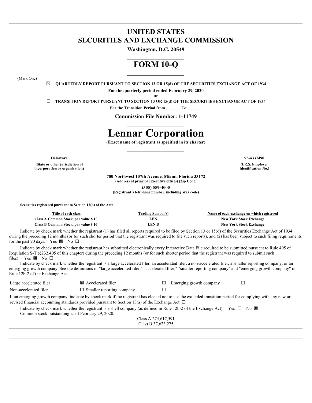 Lennar Corporation (Exact Name of Registrant As Specified in Its Charter)