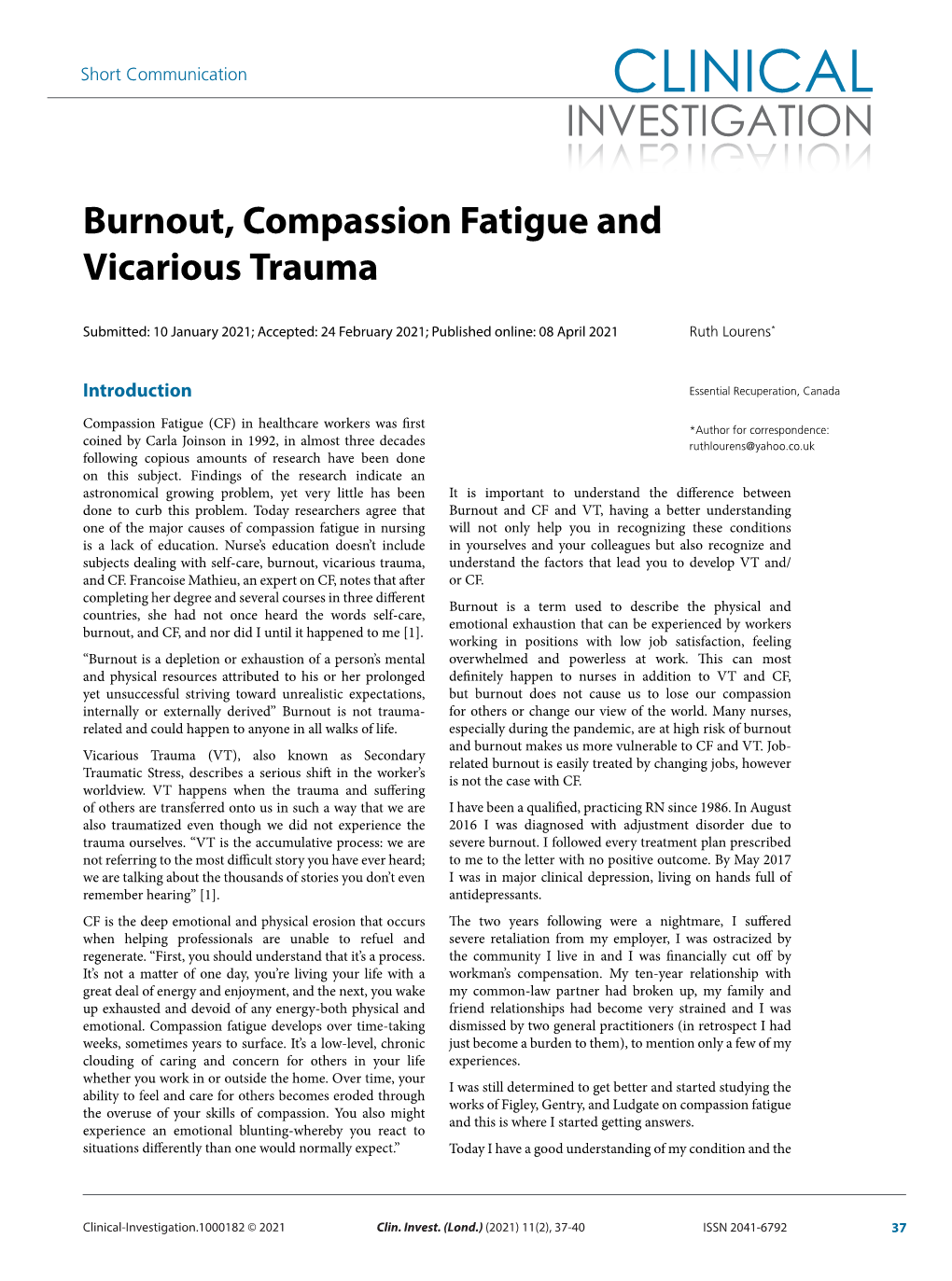 Burnout, Compassion Fatigue and Vicarious Trauma