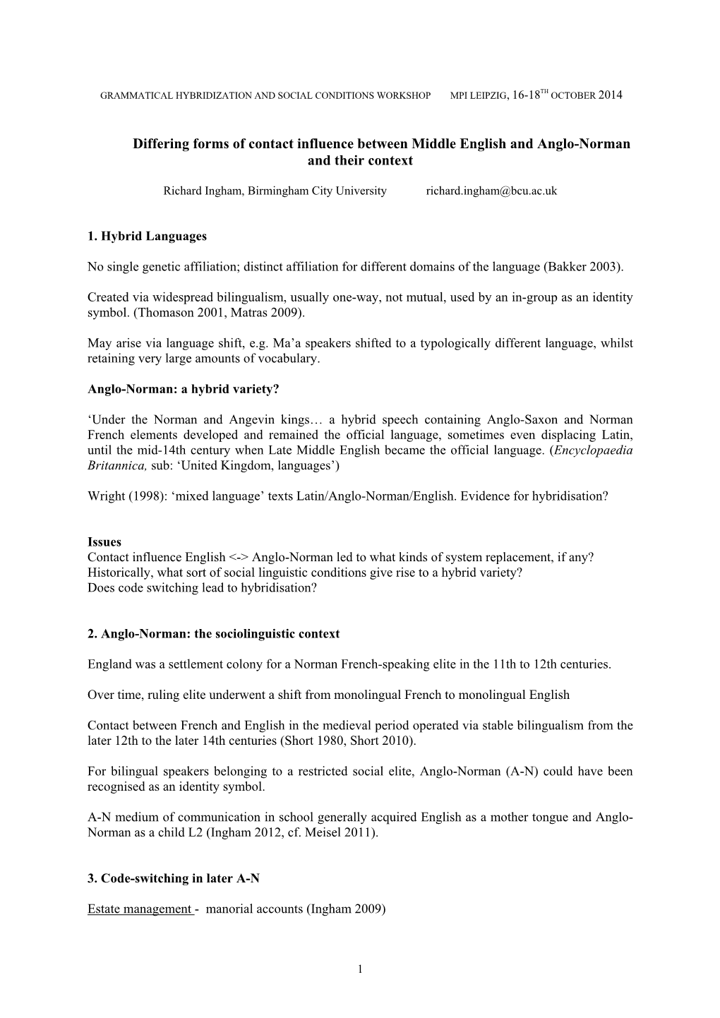 Differing Forms of Contact Influence Between Middle English and Anglo-Norman and Their Context