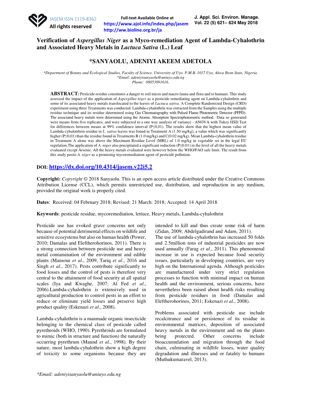 Verification of Aspergillus Niger As a Myco-Remediation Agent of Lambda-Cyhalothrin and Associated Heavy Metals in Lactuca Sativa (L.) Leaf