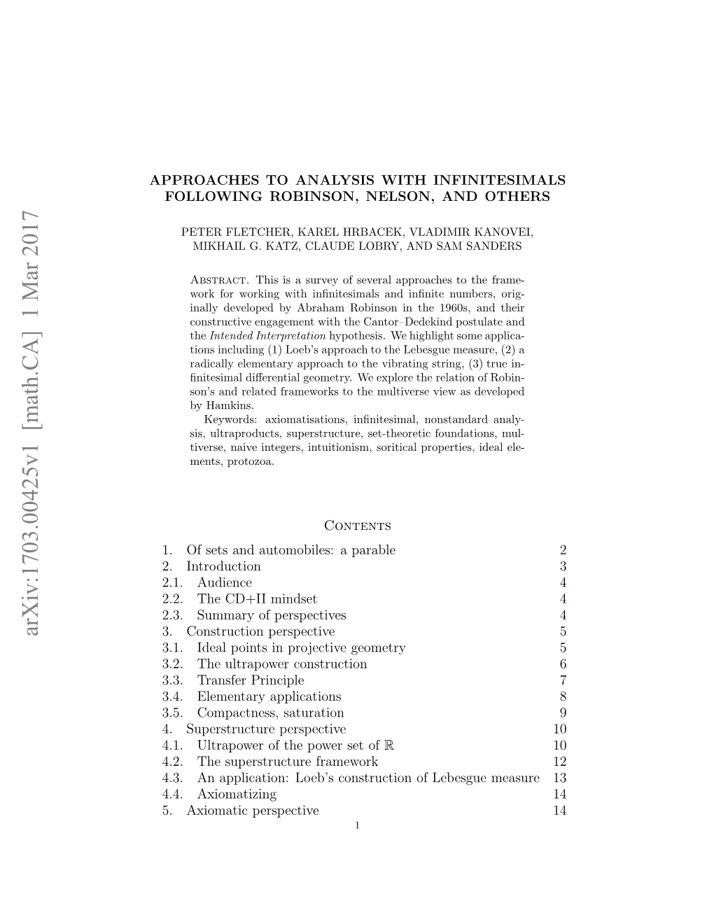 Arxiv:1703.00425V1 [Math.CA] 1 Mar 2017 PRAHST NLSSWT INFINITESIMALS with ANALYSIS to APPROACHES ..Tesprtutr Rmwr 12 13 Perspective Axiomatic Measure Lebesgue of 5