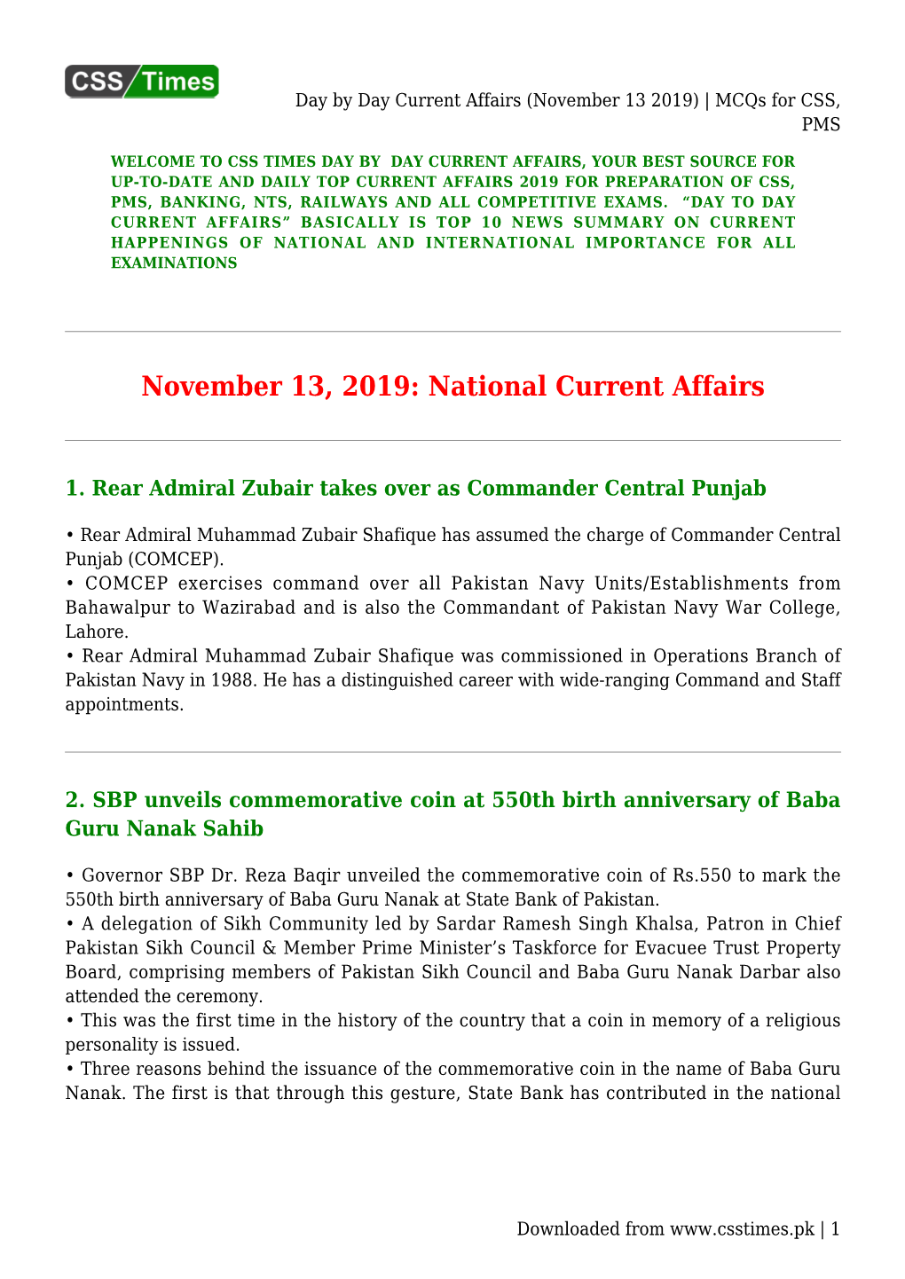 Day by Day Current Affairs (November 13 2019) | Mcqs for CSS, PMS