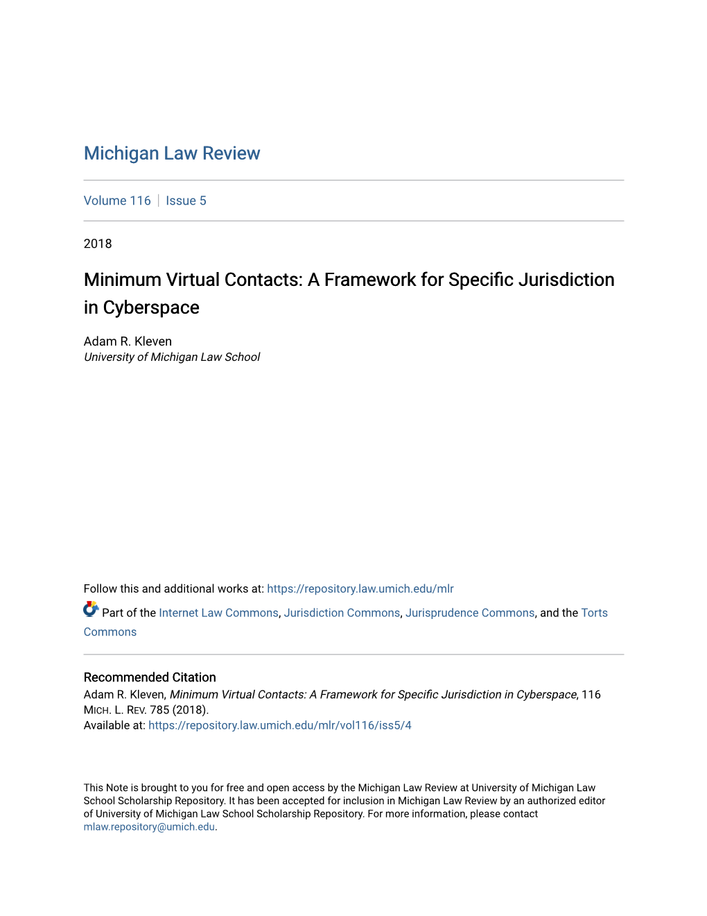 Minimum Virtual Contacts: a Framework for Specific Jurisdiction in Cyberspace